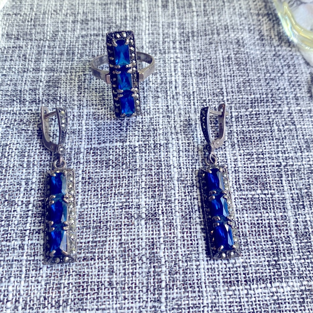 Vintage Set - ring and earrings, silver, lab created sapphire, made in Armenia